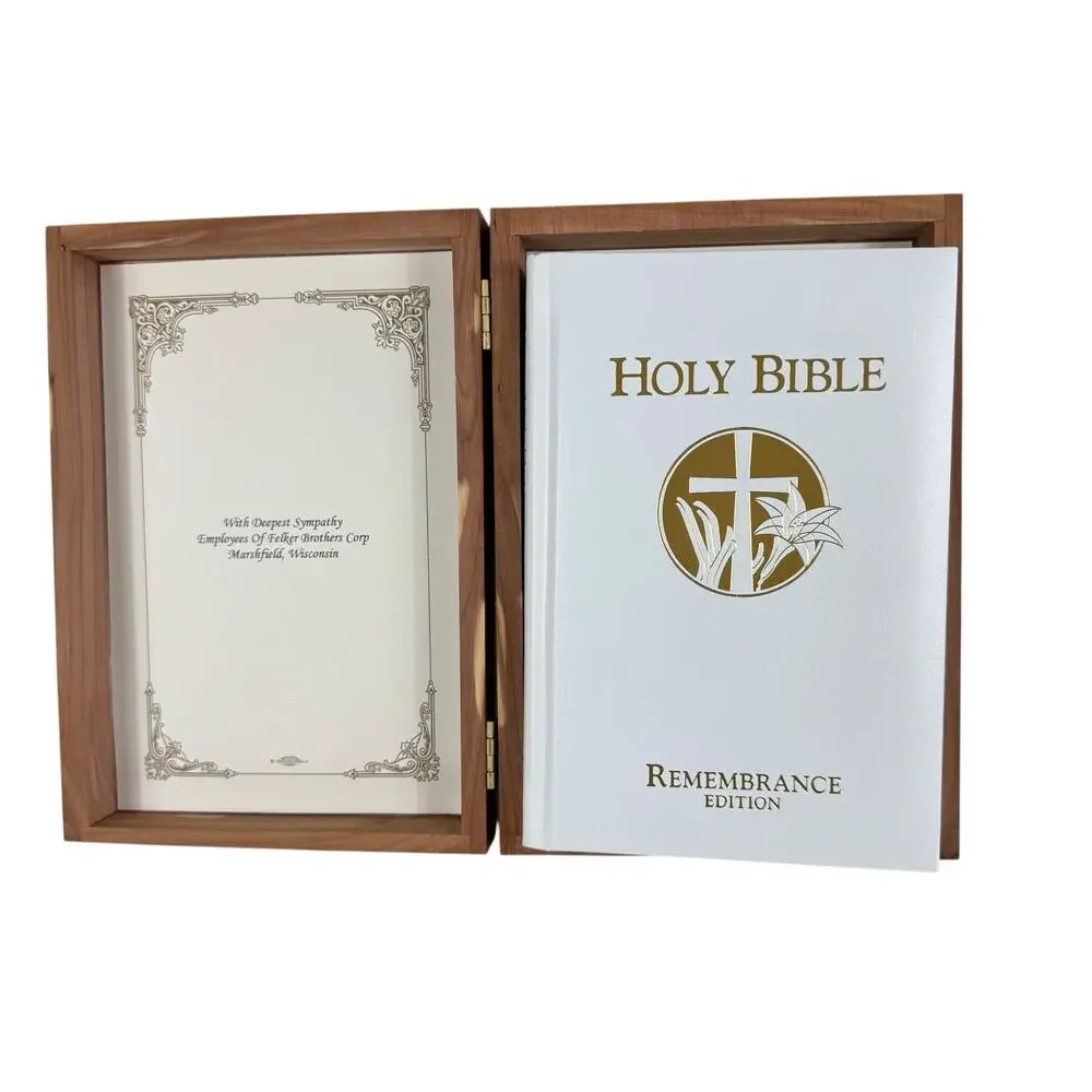 Holy Bible White Hardcover Remembrance Edition Cedar Box‎ Hinged Case